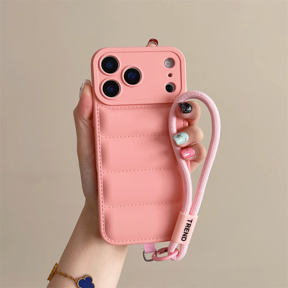 Soft Down Jacket Silicone Case For iPhone 17 Shockproof Camera Protection Wrist Strap Cover