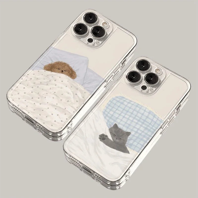 Dog Cat Couple Phone Case For iPhone 17 16 15 Cute Cartoon Animal Shockproof Cover