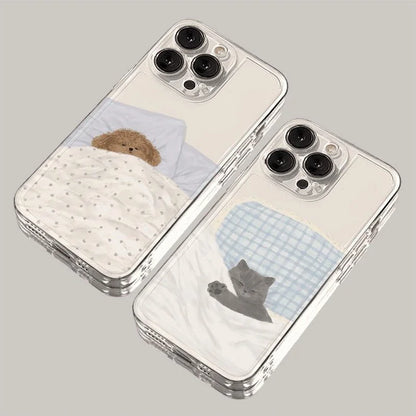 Dog Cat Couple Phone Case For iPhone 17 16 15 Cute Cartoon Animal Shockproof Cover