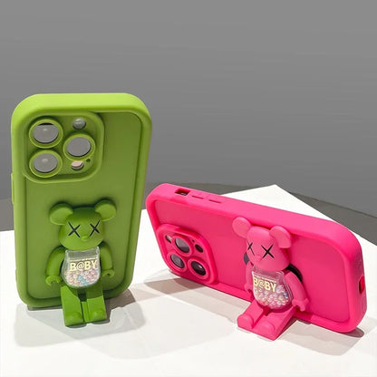 Cute 3D Bear Bracket TPU Phone Case for iPhone 16 15 14 Silicone Shockproof Matte Cover