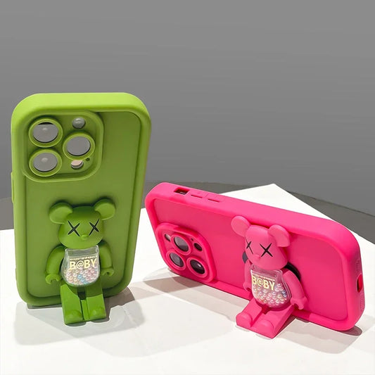 Cute 3D Bear Bracket TPU Phone Case for iPhone 16 15 14 Silicone Shockproof Matte Cover