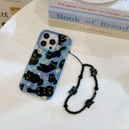 Korean Ins Cute Black Cats Double Layers Wrist Chain Phone Case for iPhone 16 15 14