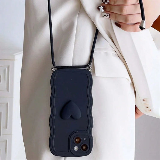 Crossbody Necklace Lanyard 3D Love Heart Wave Border Soft Case For iPhone 16 15 14