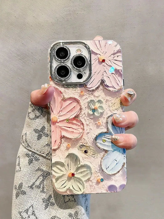 Flowers Glitter Laser Phone Case For iPhone 16 15 14 Soft Shockproof Lens Protection Cover