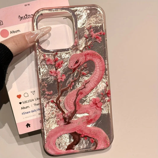 Illustration Plum Blossom Pink Snake Phone Case For iPhone 16 15 14