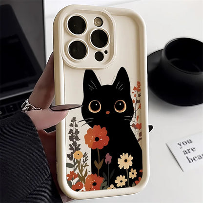 Cute Black Cat Phone Case For iPhone 16 15 14 Candy Color Shockproof Soft Cover