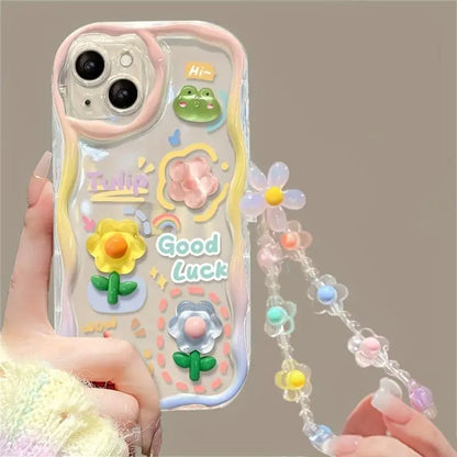 Korean 3D Cute Pink Flower Phone Chain Lanyard Case for Iphone 17 16 15