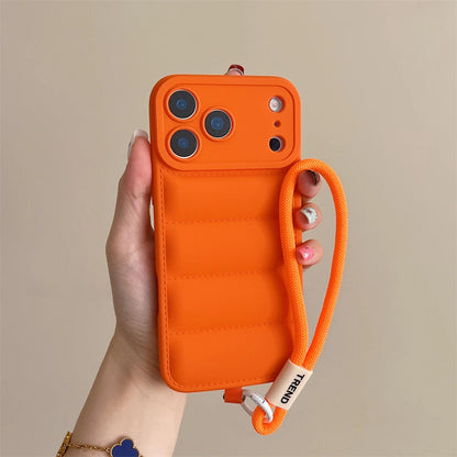 Soft Down Jacket Silicone Case For iPhone 17 Shockproof Camera Protection Wrist Strap Cover