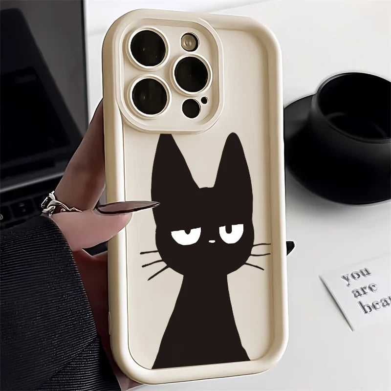 Cute Black Cat Phone Case For iPhone 16 15 14 Candy Color Shockproof Soft Cover