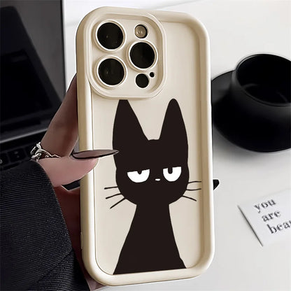 Cute Black Cat Phone Case For iPhone 16 15 14 Candy Color Shockproof Soft Cover