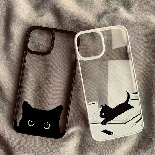 Cute Black Cat Pattern Hard Clear Phone Case For iPhone 16 15 14