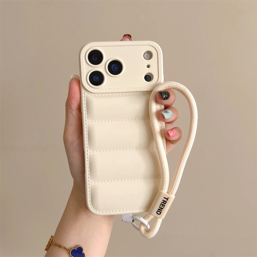 Soft Down Jacket Silicone Case For iPhone 17 Shockproof Camera Protection Wrist Strap Cover
