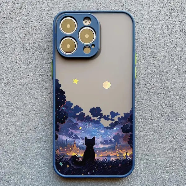 Artistic Black Cat Starry Night Phone Case For iPhone 16 15 14 Shockproof Shells
