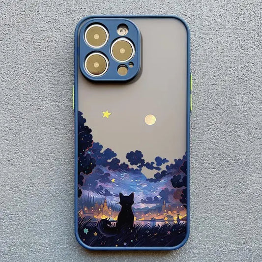 Artistic Black Cat Starry Night Phone Case For iPhone 16 15 14 Shockproof Shells
