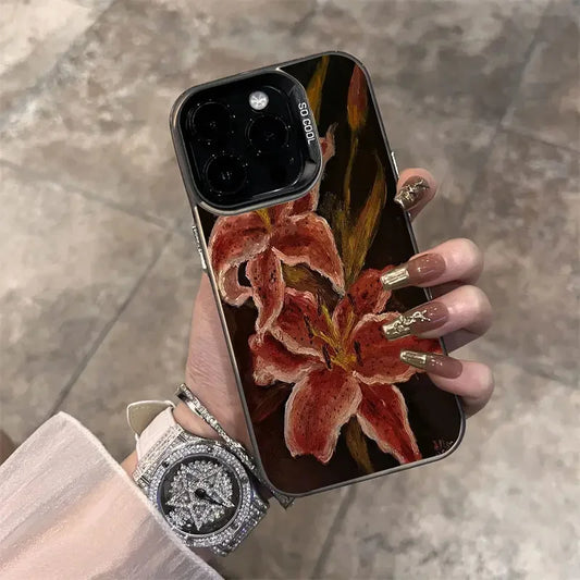 Oil Painting Lily Flower Retro Pattern Phone Case For iPhone 16 15 14 Shockproof Cover