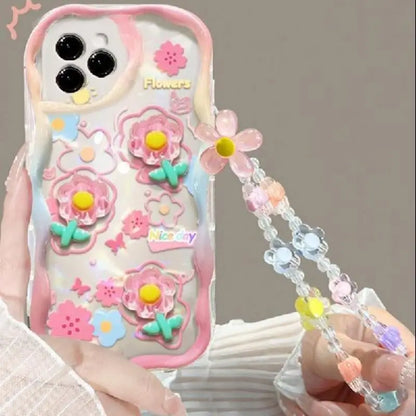 Korean 3D Cute Pink Flower Phone Chain Lanyard Case for Iphone 17 16 15