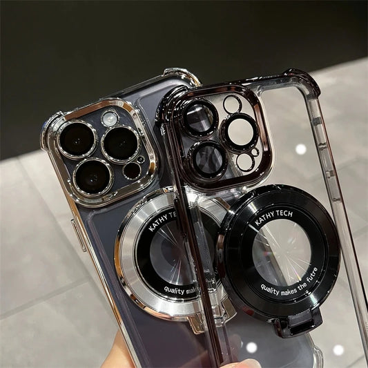 Wireless Charging Magsafe Ring Bracket Case For iPhone 16 15 14 Transparent Magnetic Bumper Cover