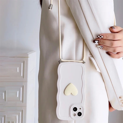 Crossbody Necklace Lanyard 3D Love Heart Wave Border Soft Case For iPhone 16 15 14