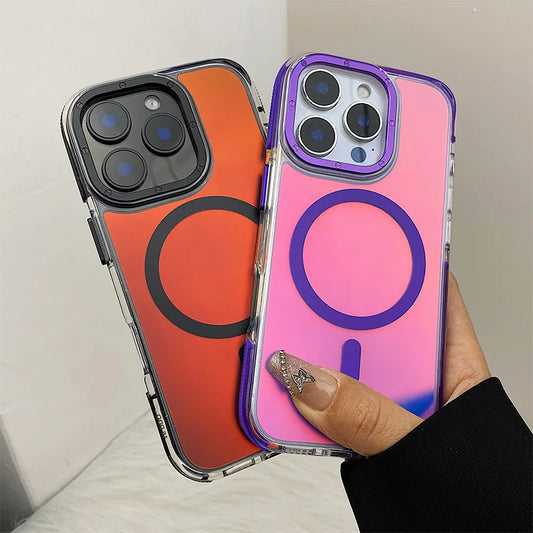 Metal Lens Laser MagSafe Phone Case for iPhone 16 15 14 Frosted Translucent Wireless Charging Hard PC Cover