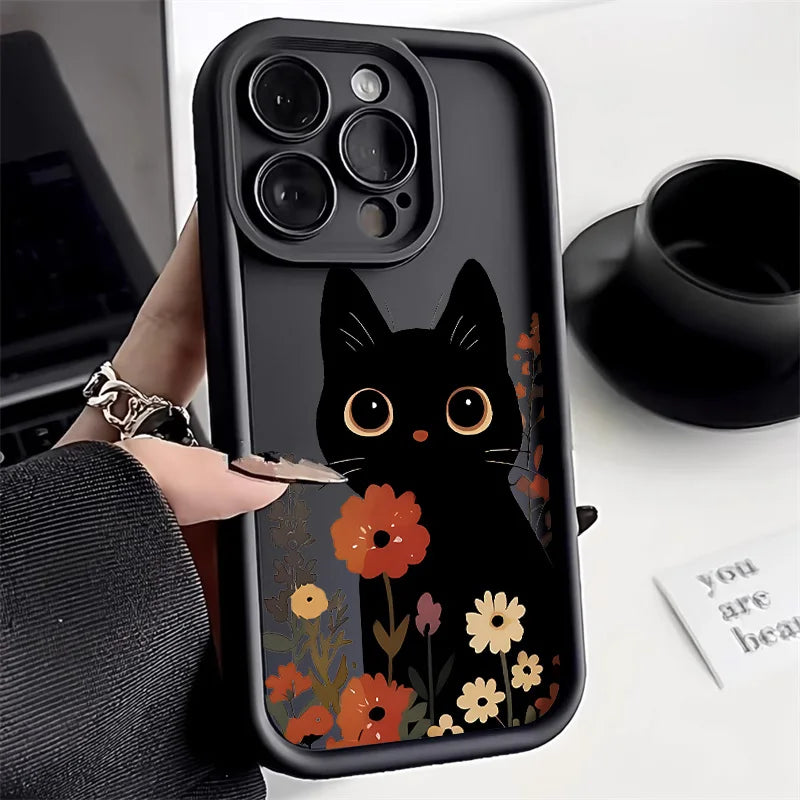 Cute Black Cat Phone Case For iPhone 16 15 14 Candy Color Shockproof Soft Cover