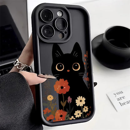Cute Black Cat Phone Case For iPhone 16 15 14 Candy Color Shockproof Soft Cover