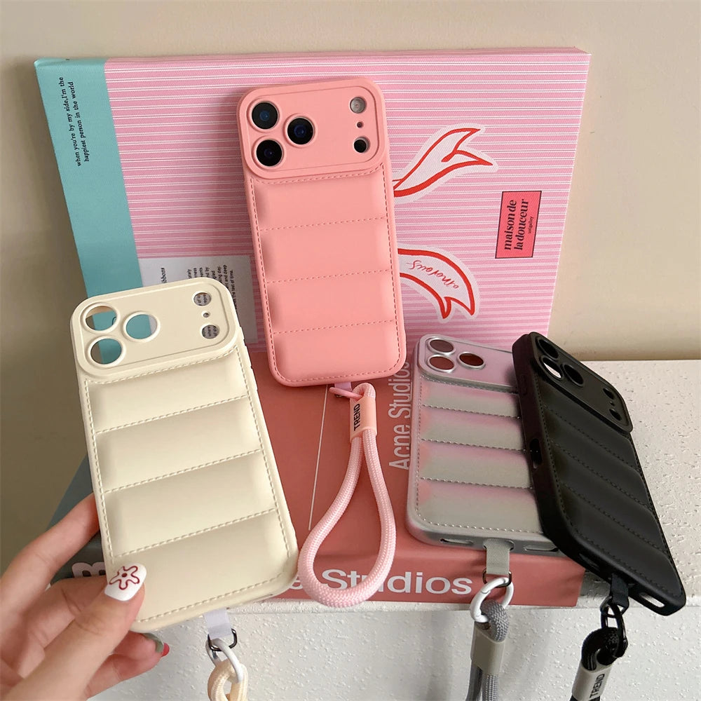 Soft Down Jacket Silicone Case For iPhone 17 Shockproof Camera Protection Wrist Strap Cover