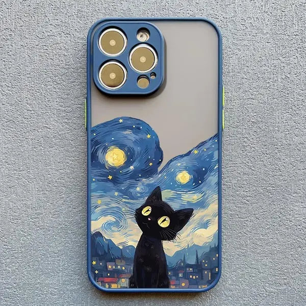 Artistic Black Cat Starry Night Phone Case For iPhone 16 15 14 Shockproof Shells