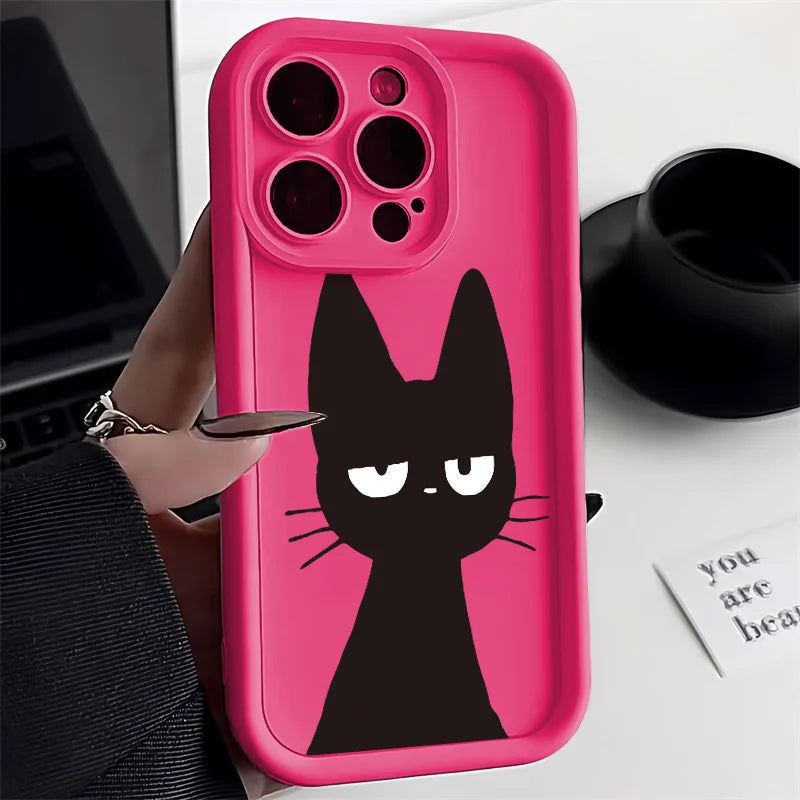 Cute Black Cat Phone Case For iPhone 16 15 14 Candy Color Shockproof Soft Cover