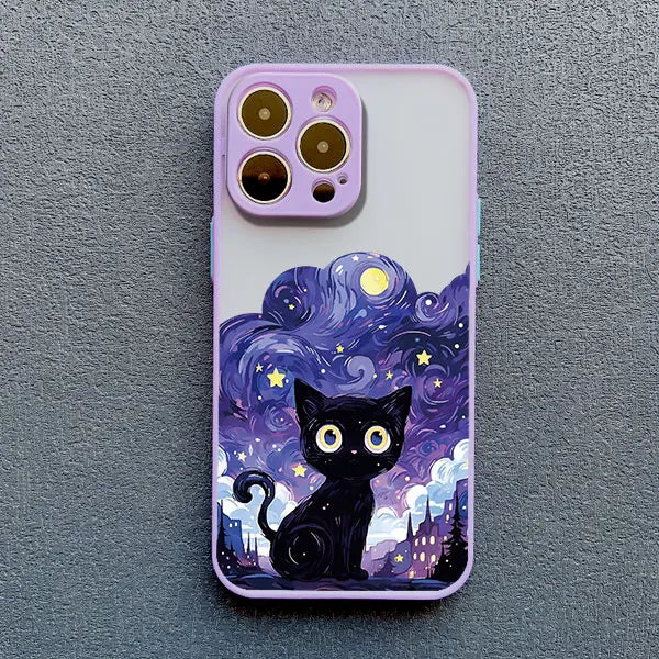 Artistic Black Cat Starry Night Phone Case For iPhone 16 15 14 Shockproof Shells
