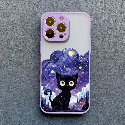 Artistic Black Cat Starry Night Phone Case For iPhone 16 15 14 Shockproof Shells