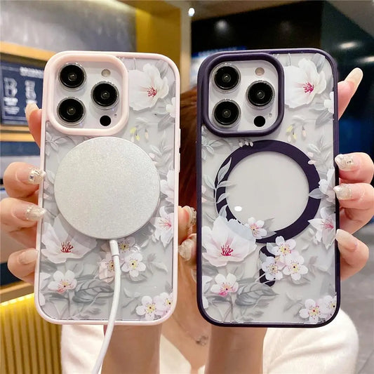 Floral Clear For Magsafe Magnetic Wireless Charging Case For iPhone 16 15 14 Hard Bumper Cover
