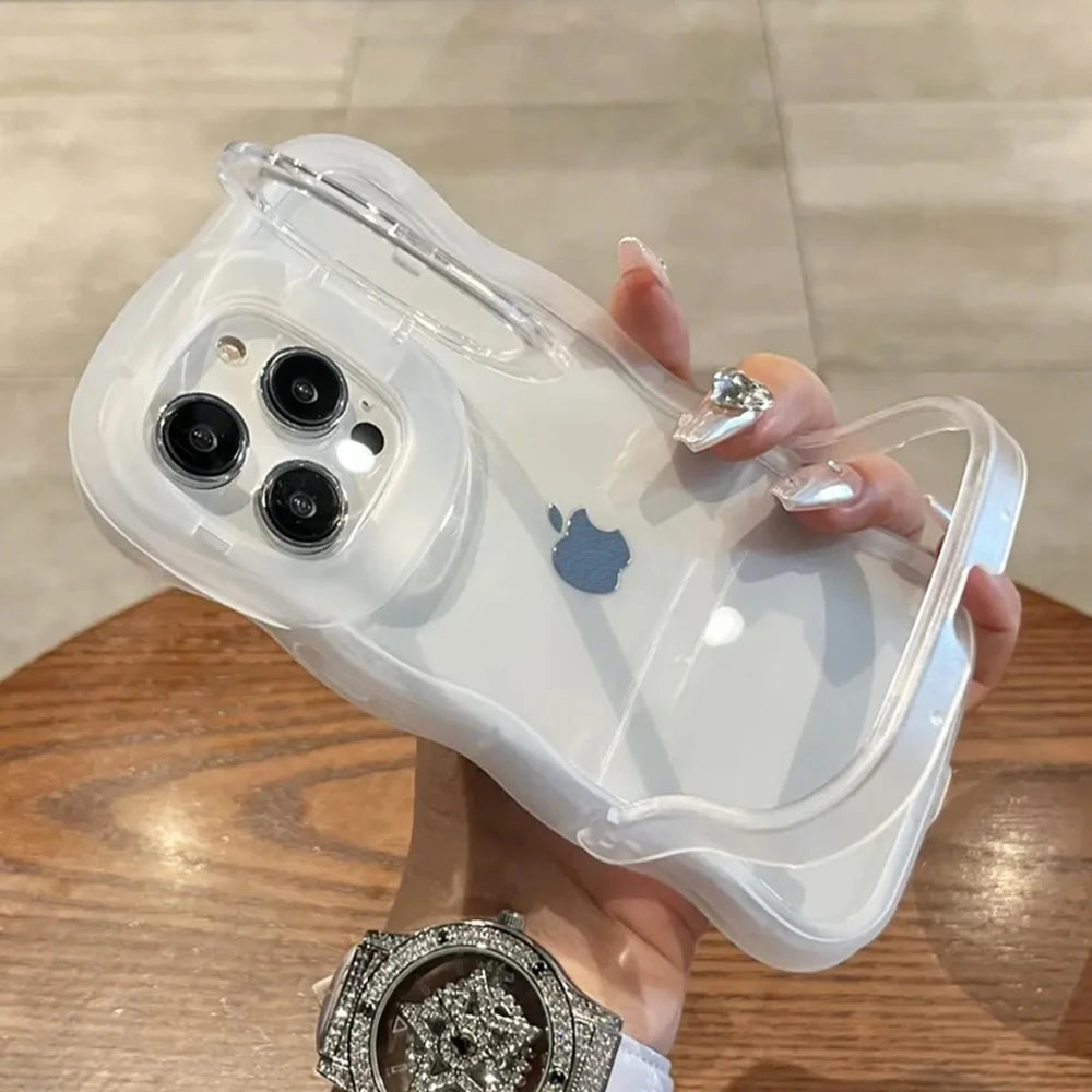 2IN1 Folding Stand Wave Clear Phone Case For iPhone 16 15 14 3D Curly Shockproof Protective Cover