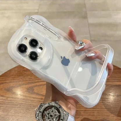 2IN1 Folding Stand Wave Clear Phone Case For iPhone 16 15 14 3D Curly Shockproof Protective Cover