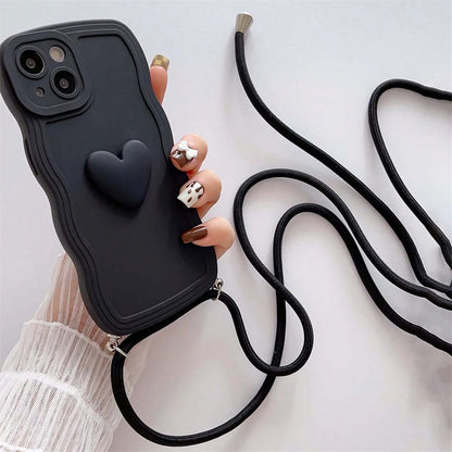 Crossbody Necklace Lanyard 3D Love Heart Wave Border Soft Case For iPhone 16 15 14