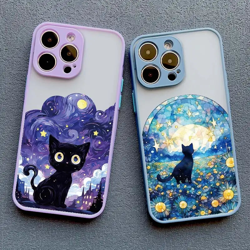 Artistic Black Cat Starry Night Phone Case For iPhone 16 15 14 Shockproof Shells