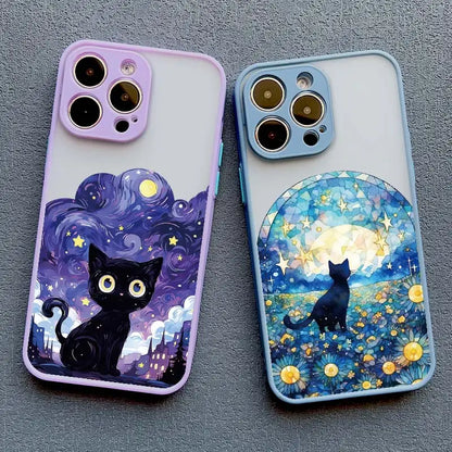 Artistic Black Cat Starry Night Phone Case For iPhone 16 15 14 Shockproof Shells