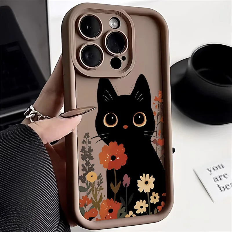 Cute Black Cat Phone Case For iPhone 16 15 14 Candy Color Shockproof Soft Cover