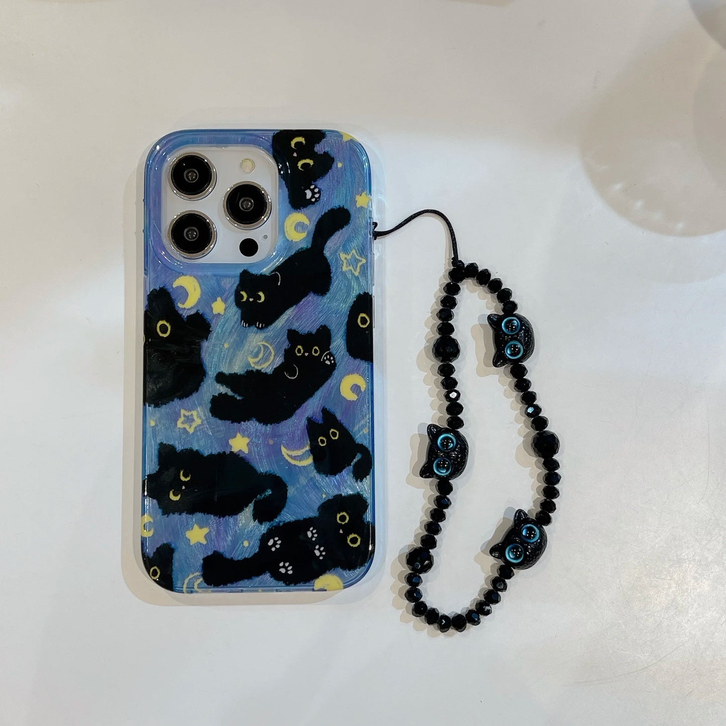 Korean Ins Cute Black Cats Double Layers Wrist Chain Phone Case for iPhone 16 15 14