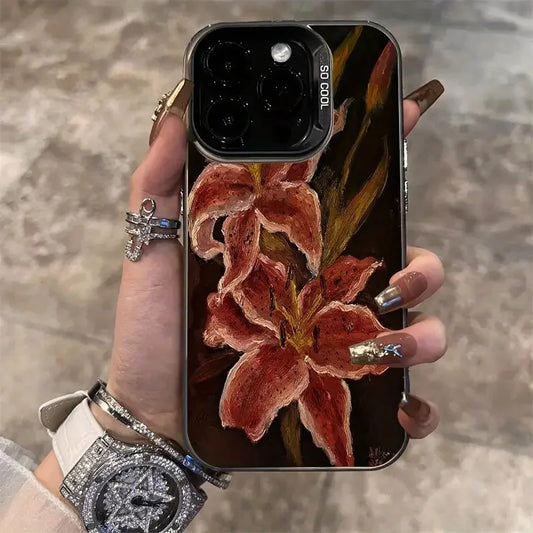 Oil Painting Lily Flower Retro Pattern Phone Case For iPhone 16 15 14 Shockproof Cover