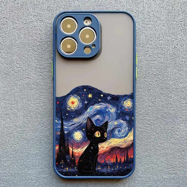 Artistic Black Cat Starry Night Phone Case For iPhone 16 15 14 Shockproof Shells