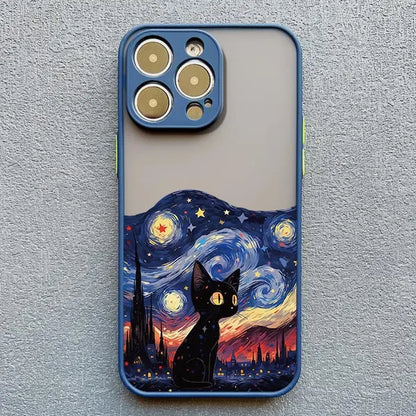 Artistic Black Cat Starry Night Phone Case For iPhone 16 15 14 Shockproof Shells