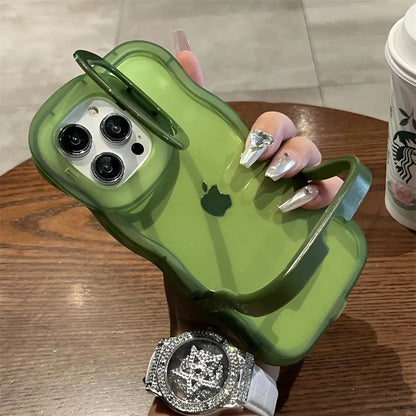 2IN1 Folding Stand Wave Clear Phone Case For iPhone 16 15 14 3D Curly Shockproof Protective Cover