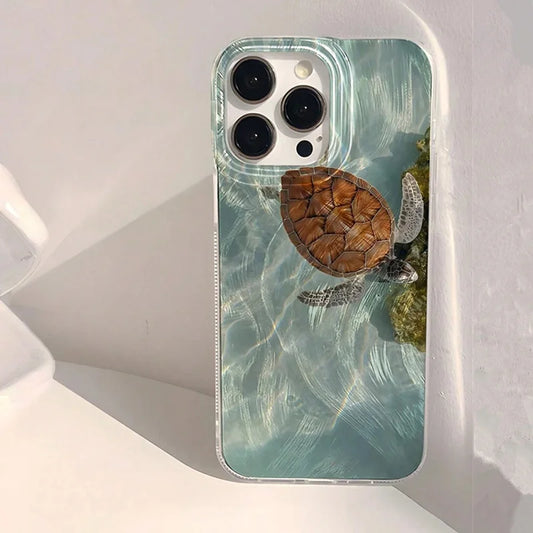 Summer Cool Turtle Pattern Phone Case for iPhone 16 15 14 Chiffon Texture Back Cover