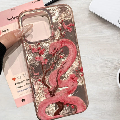 Illustration Plum Blossom Pink Snake Phone Case For iPhone 16 15 14