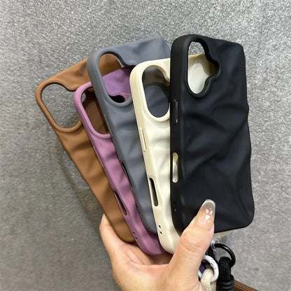 Luxury Wrinkle Matte Wrist Strap Case for iPhone 16 15 14 Lanyard Candy Solid Color Ripple Soft Silicone Cover