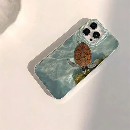 Summer Cool Turtle Pattern Phone Case for iPhone 16 15 14 Chiffon Texture Back Cover