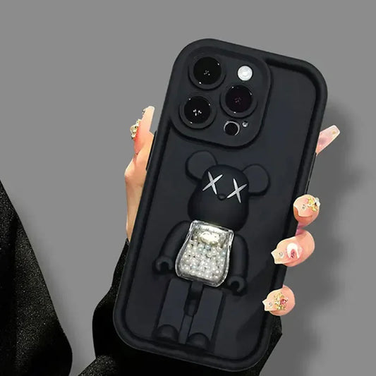 Cute 3D Bear Bracket TPU Phone Case for iPhone 16 15 14 Silicone Shockproof Matte Cover