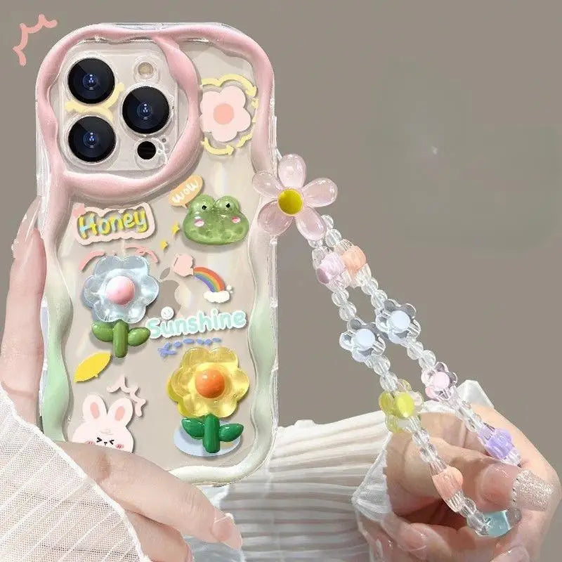 Korean 3D Cute Pink Flower Phone Chain Lanyard Case for Iphone 17 16 15