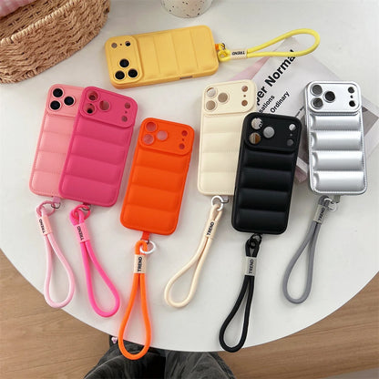 Soft Down Jacket Silicone Case For iPhone 17 Shockproof Camera Protection Wrist Strap Cover