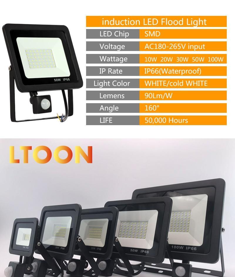 10W 20W 30W 50W 100W Led Flood Light With Adjustable PIR Sensor SMD 2835 Floodlights Outdoor Lighting For Street Square